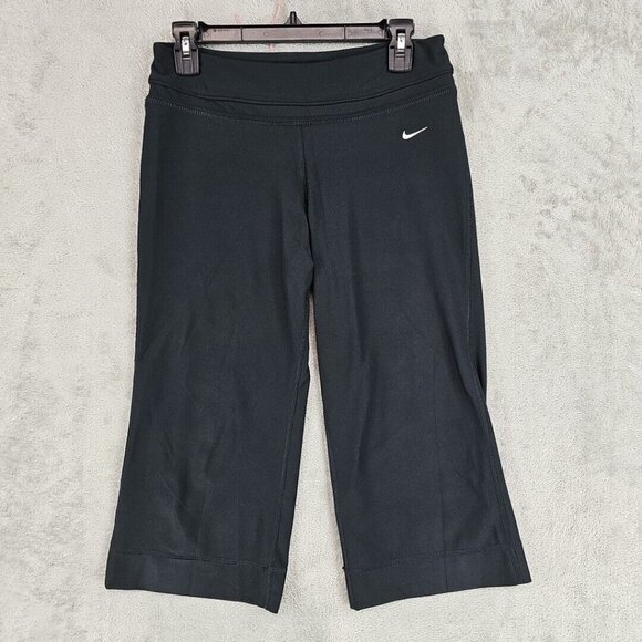 Nike Dri-Fit Pants Womens Size S Black Wide Leg Stretch Cropped Athletic Active - Picture 1 of 8